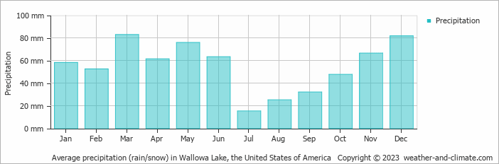 Average monthly rainfall, snow, precipitation in Wallowa Lake, the United States of America